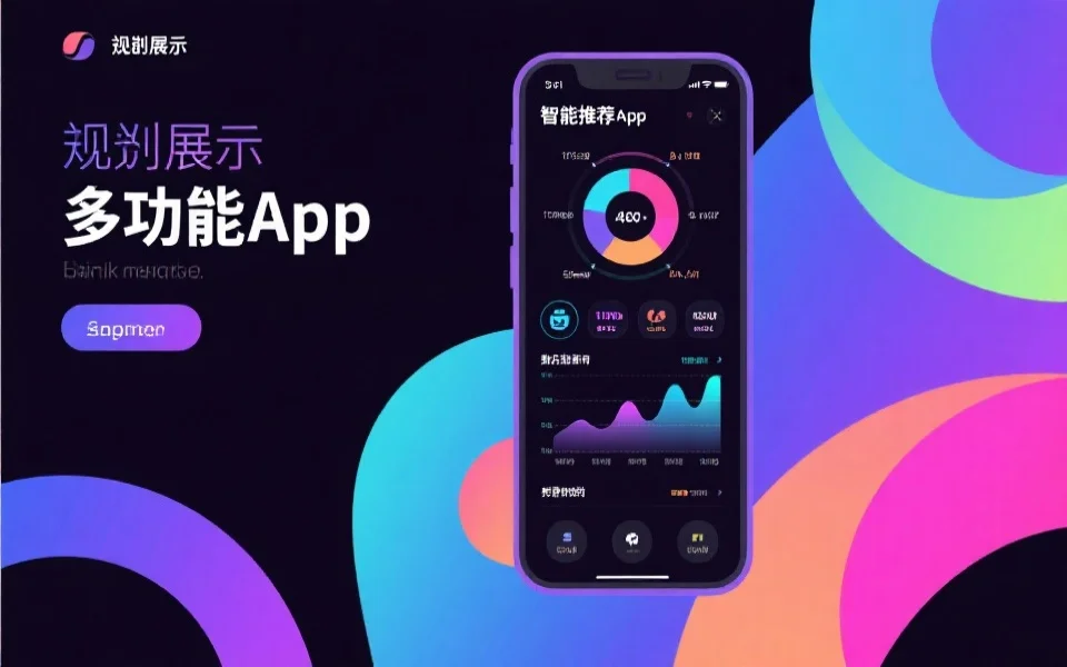 抽象风格展示多功能app界面，突出智能推荐和数据分析功能，色彩科技感强烈