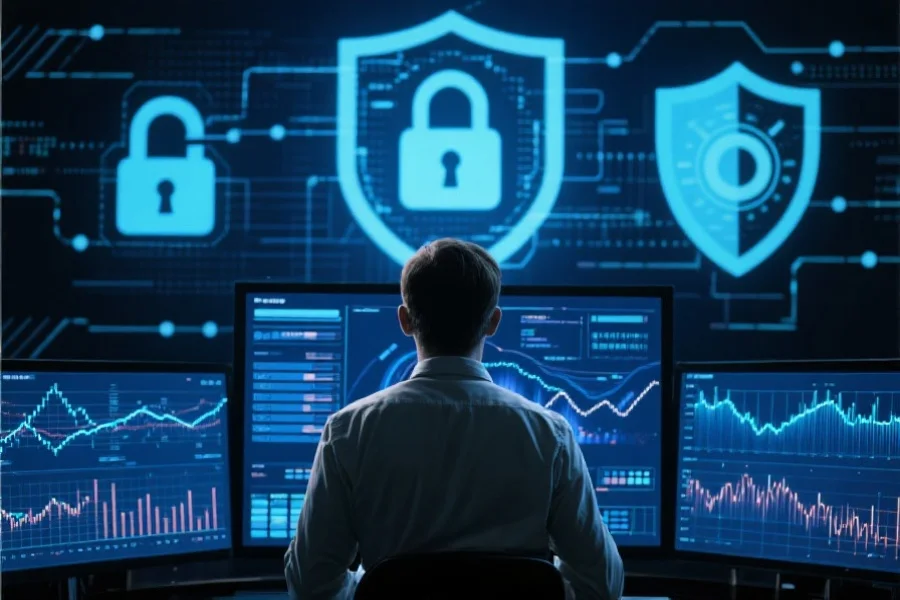 一名安全专家在监控大屏前分析数据流,背景有数字化锁与防护盾牌,体现网络安全防护