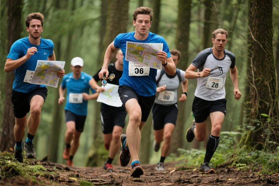 一群运动员在森林中奔跑,手持地图和指南针,展现定向越野比赛的专注与速度